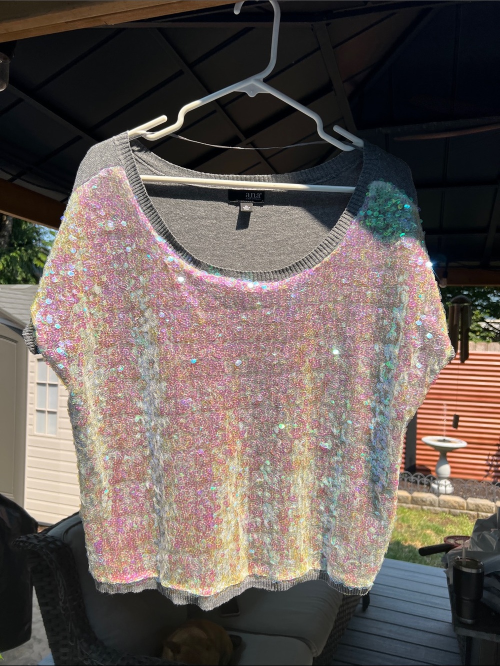 a.n.a Iridescent Sequin Scoop-Neck Short Sleeve Sweater - Pink, Gray